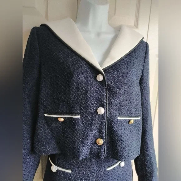 New Self-Portrait Navy and White Tweed Blazer Short Set - Picture 6 of 16